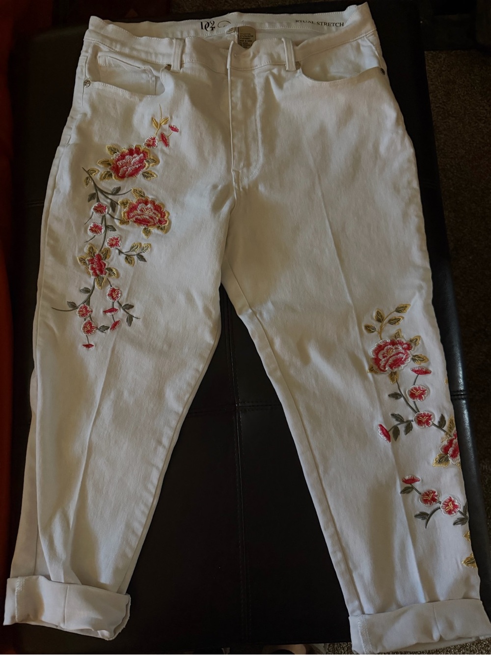DG2 by Diane Gilman White Skinny Jeans with Pink Floral Embroidery
